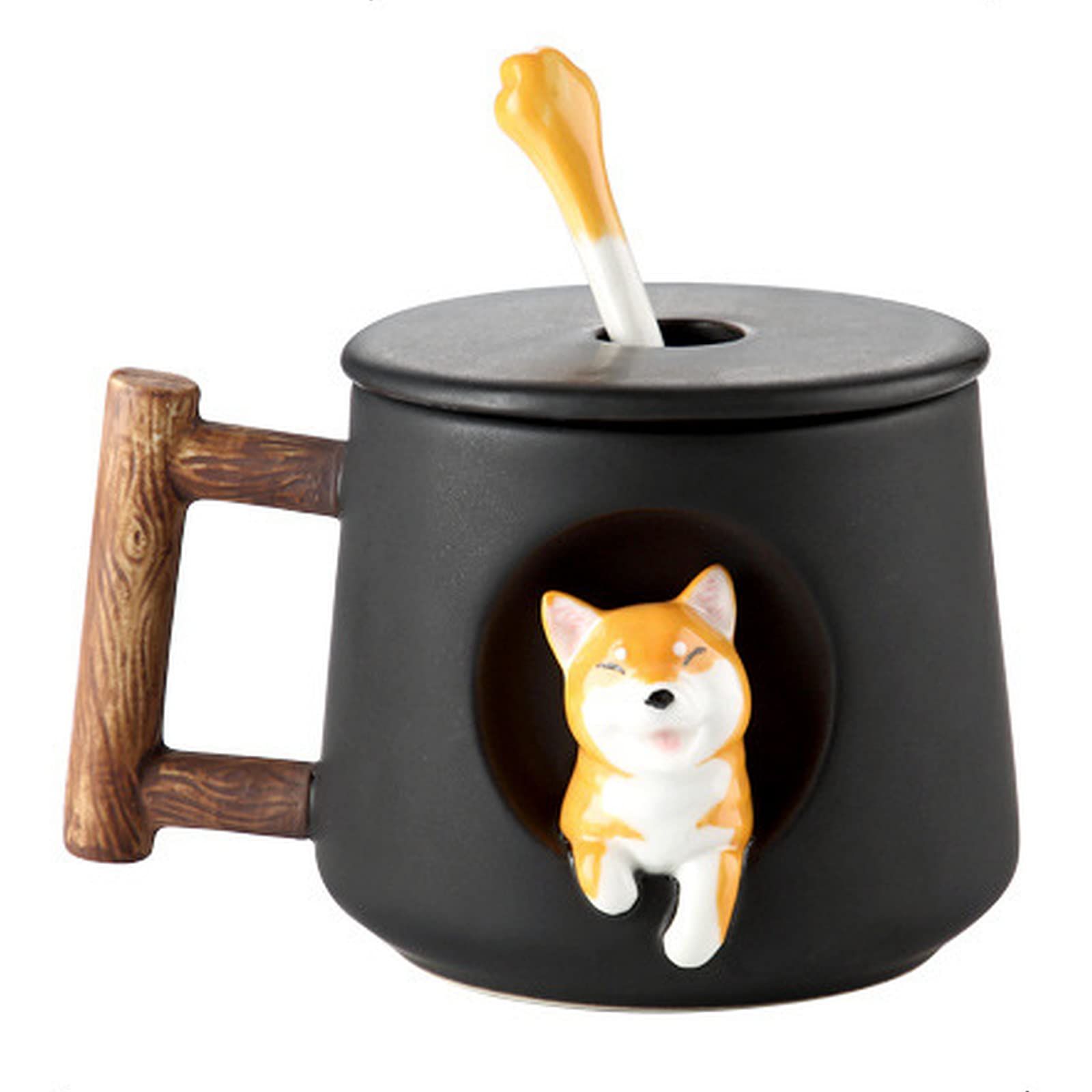 Cute Dog Couple Cup, Ceramic Coffee Mug with a Lid, Cute Paws on the Top of the Spoon, with Matte Texture, (420ML Black Head)