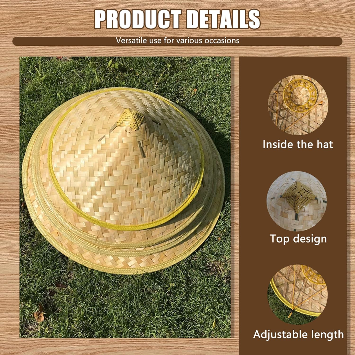 Retro Chinese Bamboo Rattan Fisherman Hat, Handmade Weave Bucket Hat, Rice with Adjustable Rope, 14 Inch Fishing Sunshade Cap for Farmer Fishing, Light Yellow โ image 4