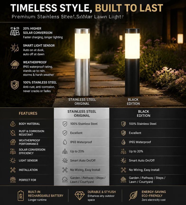 Large Silver Cool White Solar LED Stainless Steel Lawn Light — image 5