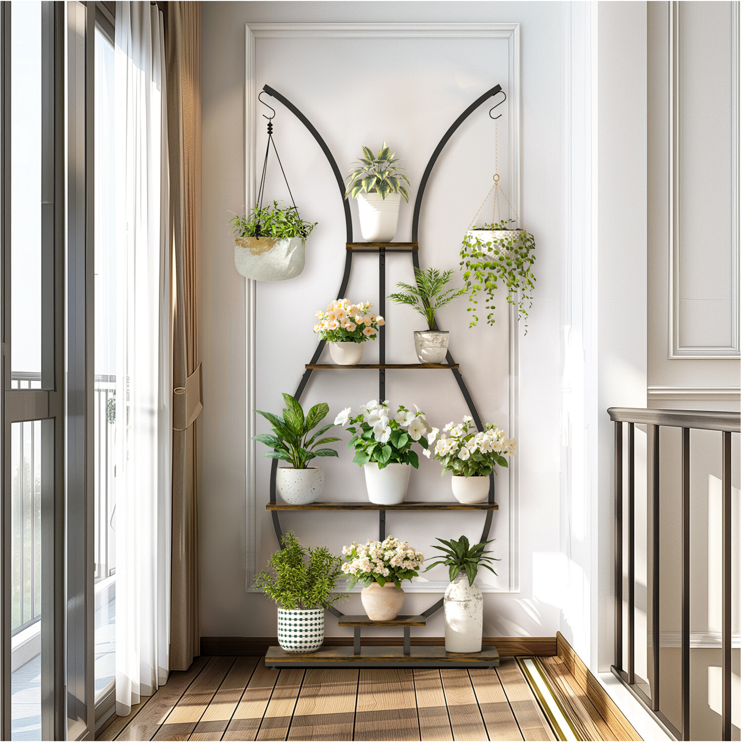 180Cm Tall Plant Stand Indoor Vase-Shape Metal Plant Shelf With Hanging Hooks — image 4