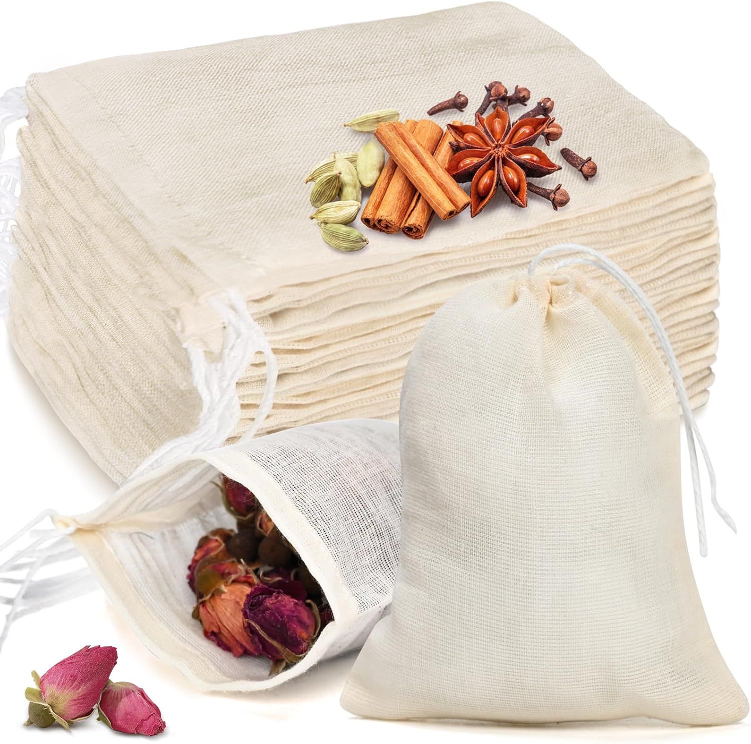 40 Pcs Muslin Bags with Drawstring, Reusable Tea Bags, Spice Bags for Cooking Soup/Herb/Loose Leaf Tea, Natural Cotton Small Cheese Cloth Bag for