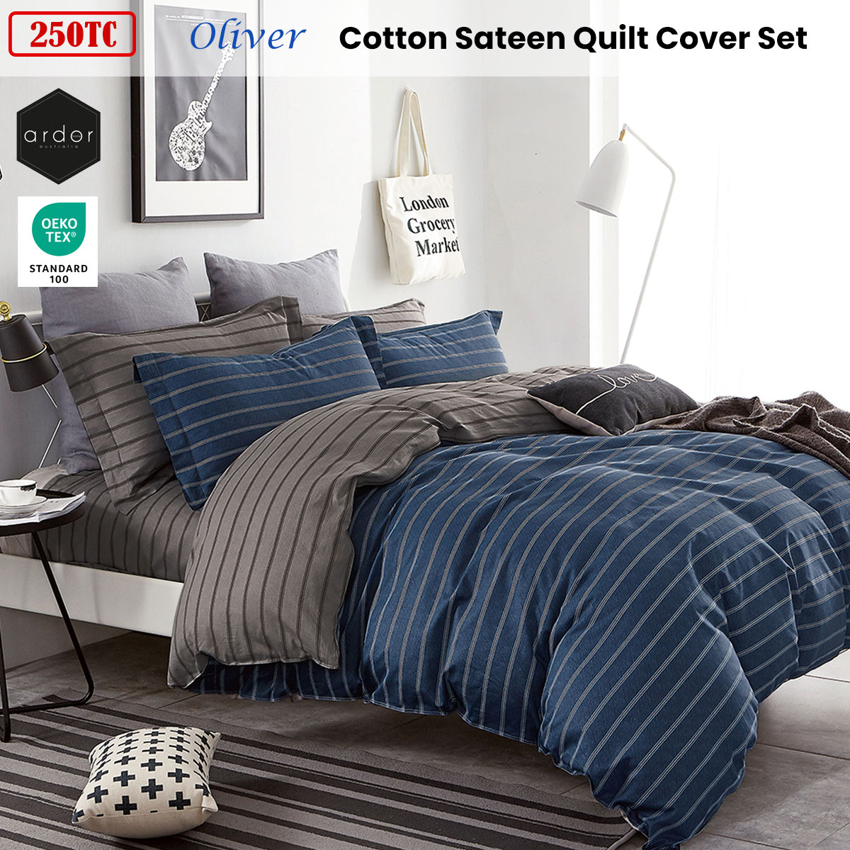 Ardor 250TC Oliver Stripes Cotton Sateen Quilt Cover Set King — image 2