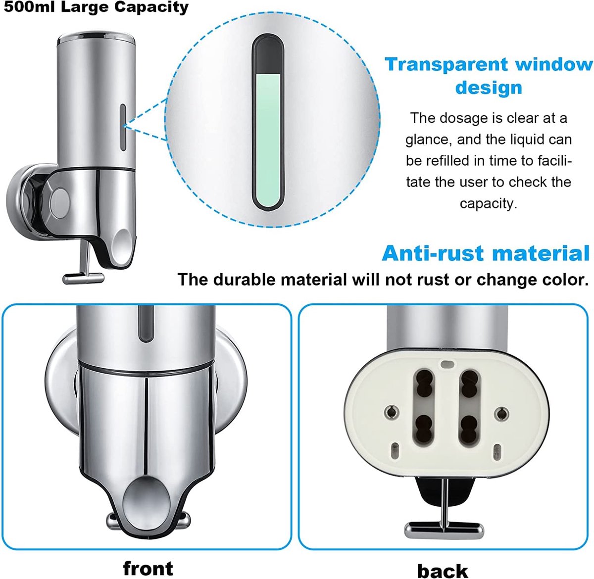 Soap dispenser - Wall-mounted Soap dispenser - 500ml pump - Suspended - Brushed stainless steel - Bathroom - Toilet - Shower - Black — image 2