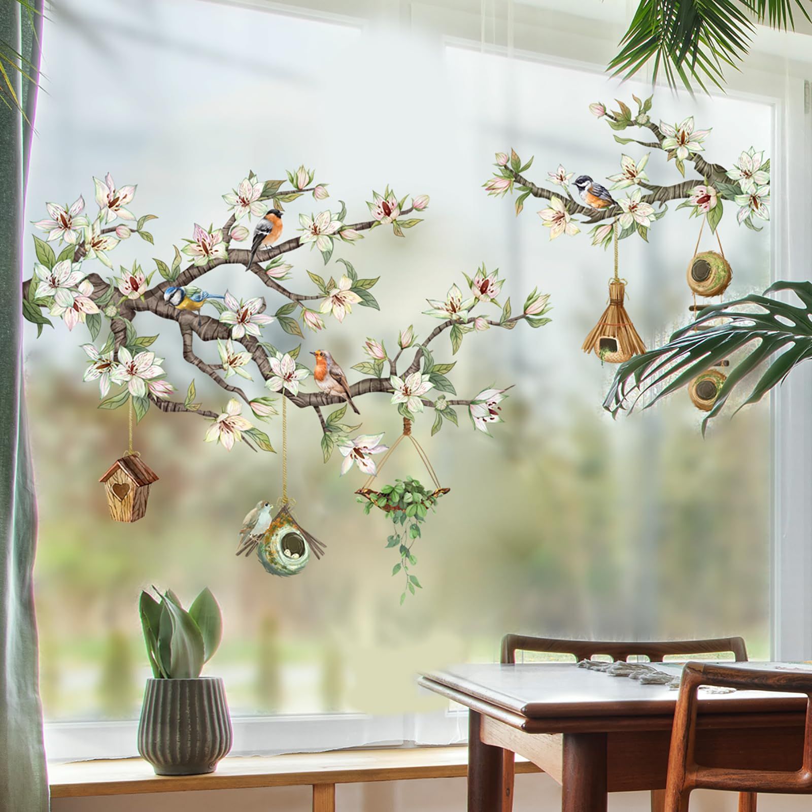 Watercolor Birds on Cherry Blossom Branches Window Clings Stickers Green Leaf and Cute Bird Nest Decor DIY Flowers Decals — image 2