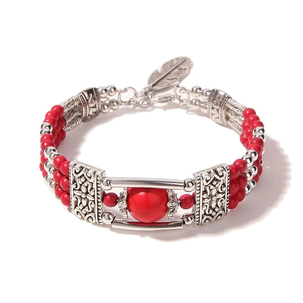 2PCS Ethnic-style Vintage Open Bracelet, Turquoise Beads with Silver Carved Accents, Bohemian Exotic Charm, a Personalized Accessory for Daily and Travel โ image 4