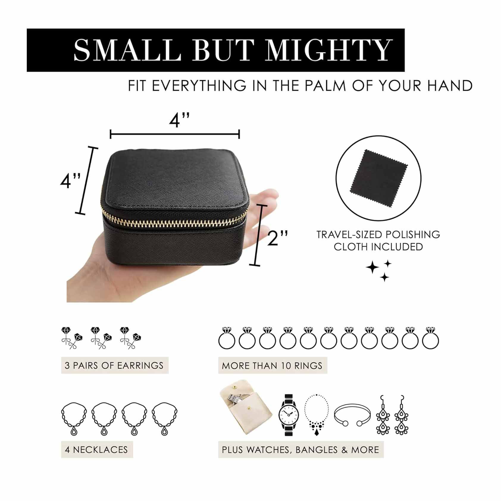 Black "Small But Mighty" Leather Jewelry Box - Portable Organizer for Earrings, Necklaces, Rings & More (4 × 4 × 2 inches) — image 4