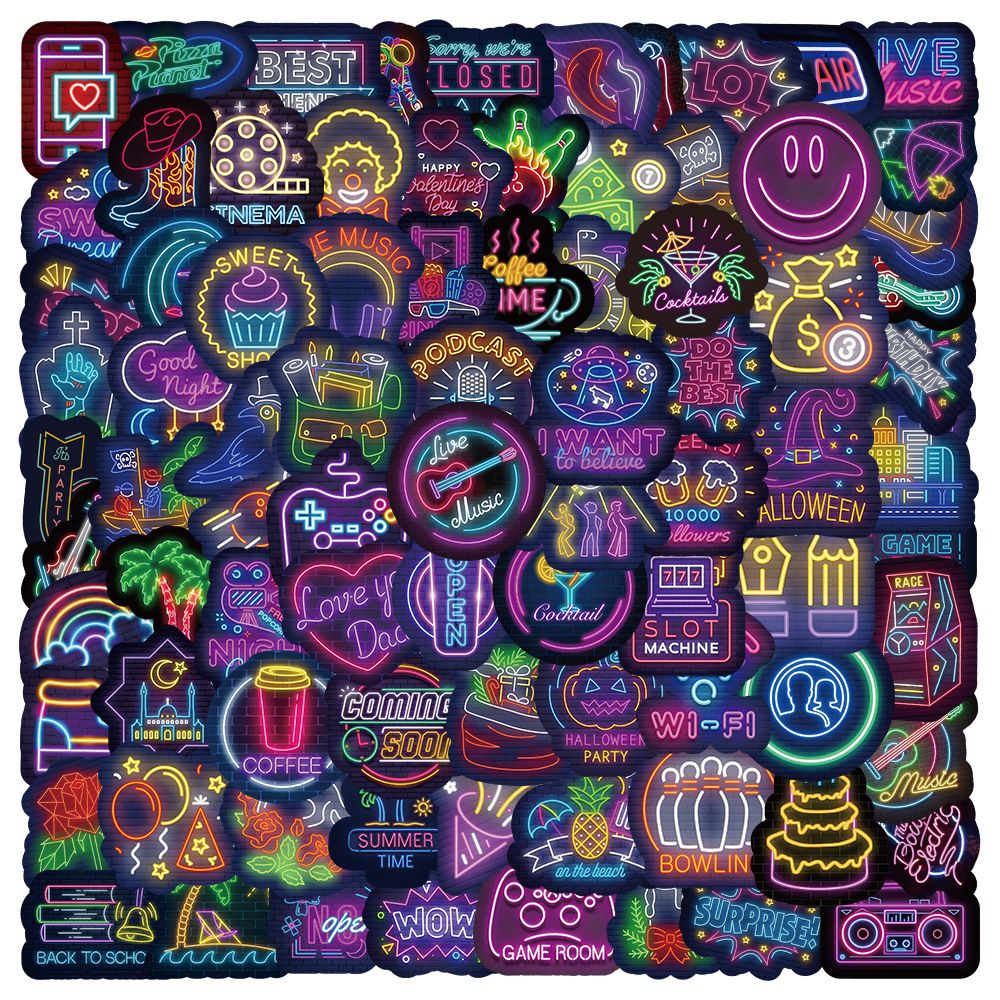 100Pcs Neon Style Stickers Decals, Cool Neon Light Stickers, Waterproof Vinyl Stickers for Laptop Water Bottle Guitar Skateboard