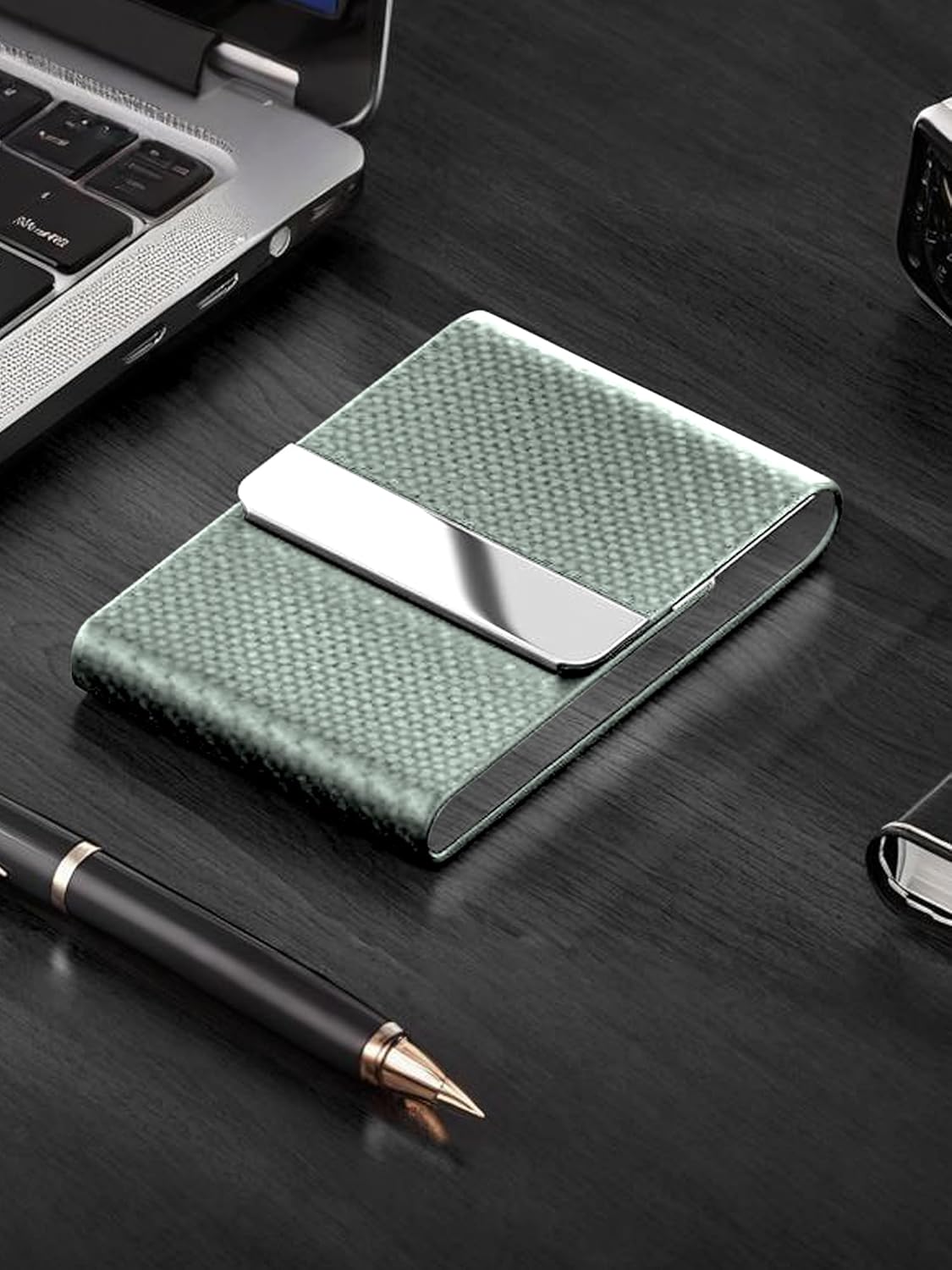 Men's Leather & Stainless Steel Magnetic Business Card Holder - Premium PU Leather & Metal Card Case - Forest Green — image 6