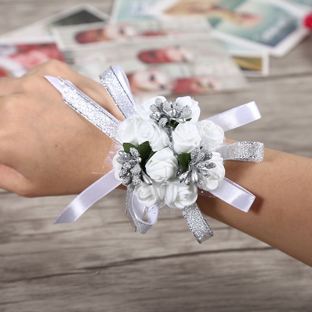 Beautiful Hand Ribbon Flower Bridal Bridesmaid Wrist Corsage Prom Wedding Decorations (Silver) โ image 3