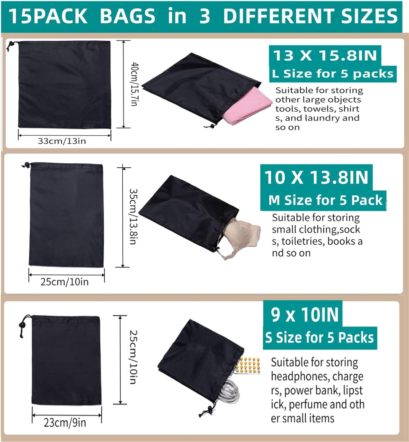 Drawstring Bag String Bag - 15Packs 3Sizes Nylon Cinch Ditty Stuff Pouch with Toggle for Gym, Luggage, Storage, Shoes, Travel โ image 2