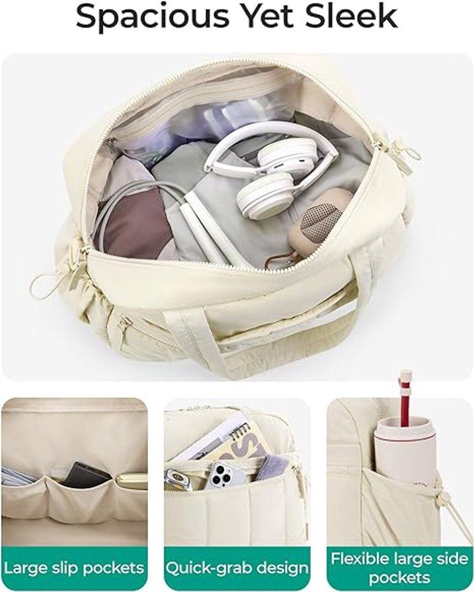 Travel Gym Duffle Bag With Wet Pocket, Compact Carry On Weekender For Men Women Training Sports Trips, Off White, 40 x 20 x 28 cm โ image 5