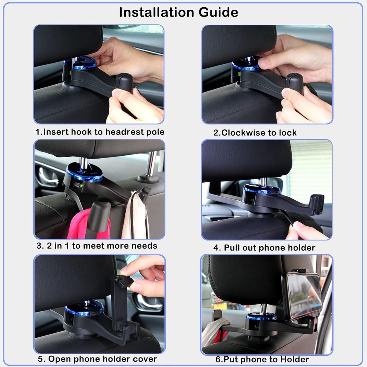 Car Seat Hooks - 2 Pieces - 2 In 1 Car Headrest Hooks - Multifunctional Car Seat Hook - 360° Rotation Front and Rear Seat Headrest Hook - Concealed Hook — image 3