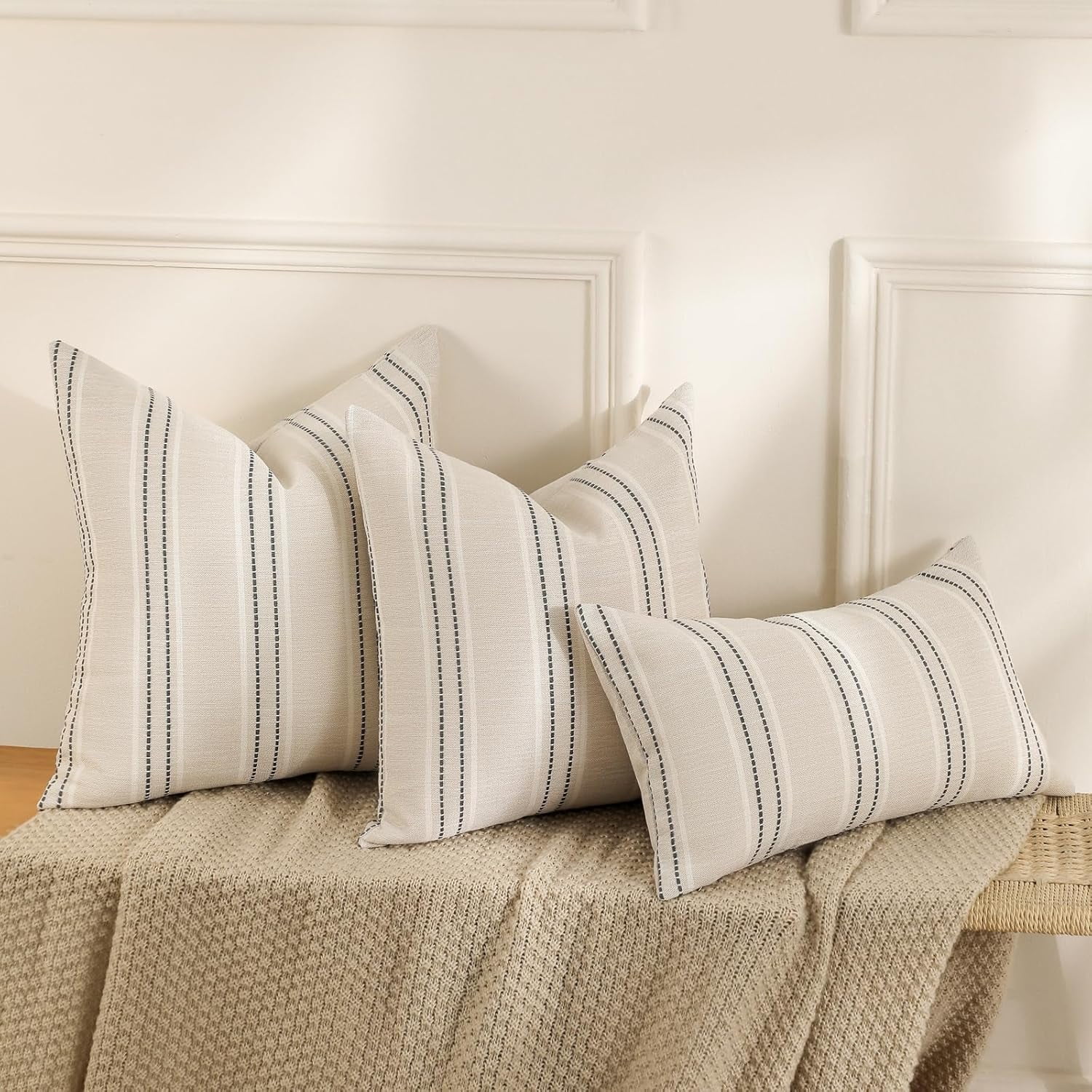 Throw Pillow Covers 20x20 Set of 2 Striped Pillow Covers Textured Linen Decorative Pillows Square Cushion Covers for Sofa Couch Bed Living Room Farmhouse — image 4