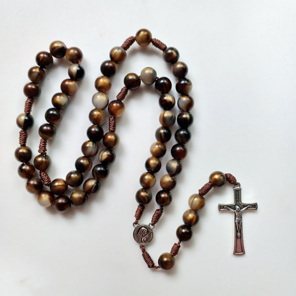 Crucifix Rosary Beads Necklace Medal Chain Pendant Necklace Brown Acrylic Beads Long Chain Pray Jewelry Gift — image 5