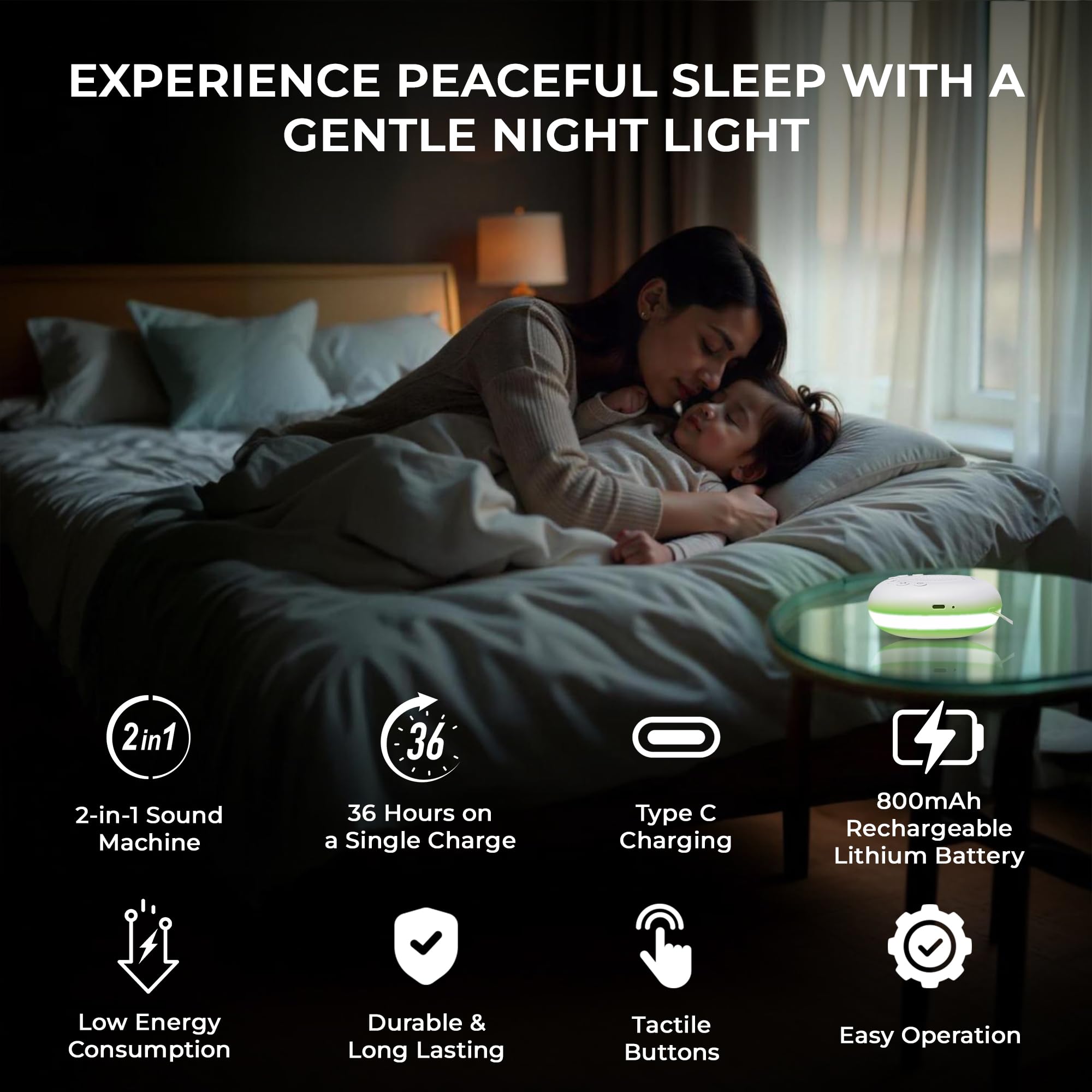 Portable White Noise Machine with 20 Soothing Sounds & RGB LED Night Light – Compact Sleep Sound Device for Babies, Adults & Travel — image 2
