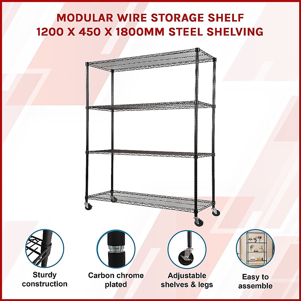 Modular Wire Storage 120x45cm Steel Shelving Black With Wheels For Garage Kitchen Or Retail Storage โ image 3