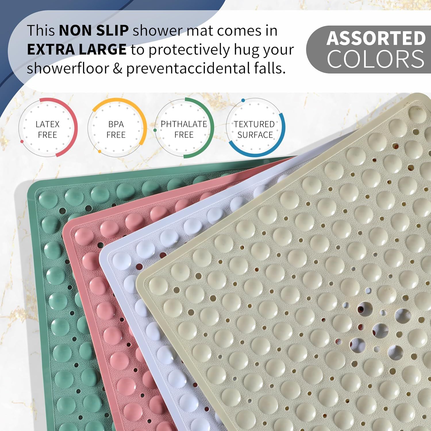 Square Non-Slip Shower Mat with Suction Cups and Drain Holes, Soft Machine-Washable Bathtub Mat for Shower Stalls, Clear Grey, 53.3 × 53 cm — image 6