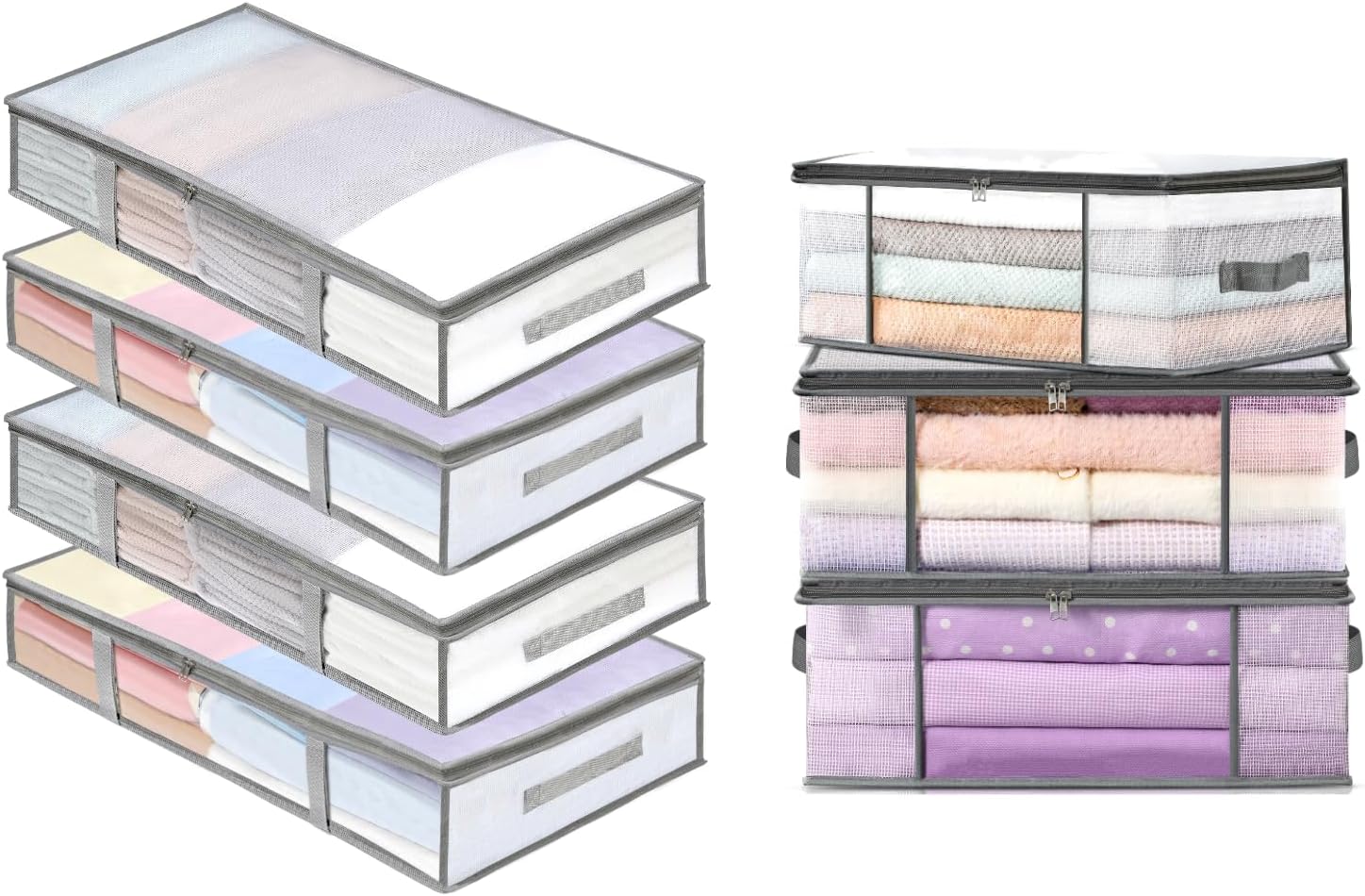 4 Packs Under Bed Storage Containers Bins-55L, 3-Pack Clothes Bags-35L