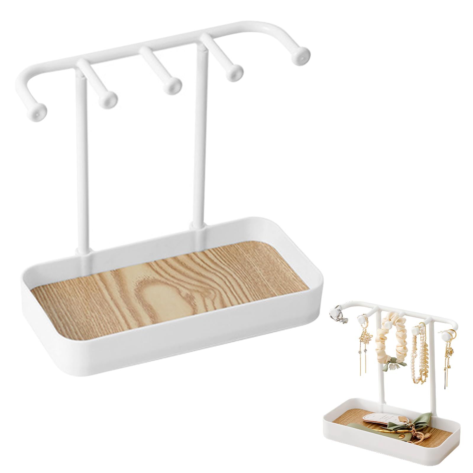 Jewelry Organizer Stand, Necklaces Holder with Wooden Tray, Necklace Display Stand Jewelry Storage Hooks for Necklace
