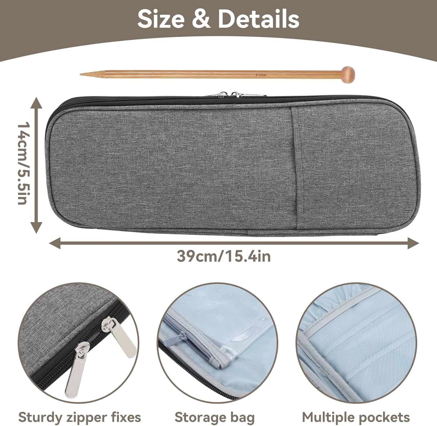 Knitting Needle Case, Travel Zipper Organizer Bag for Straight Needles Dual Crochet Case Supplies Accessories Grey — image 3