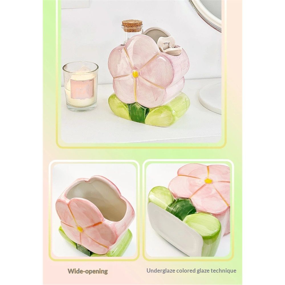 1 PC Flower Makeup Storage Box Ceramic Blossom Five Petals Pen Holder Desktop Storage Box (Pink) — image 5