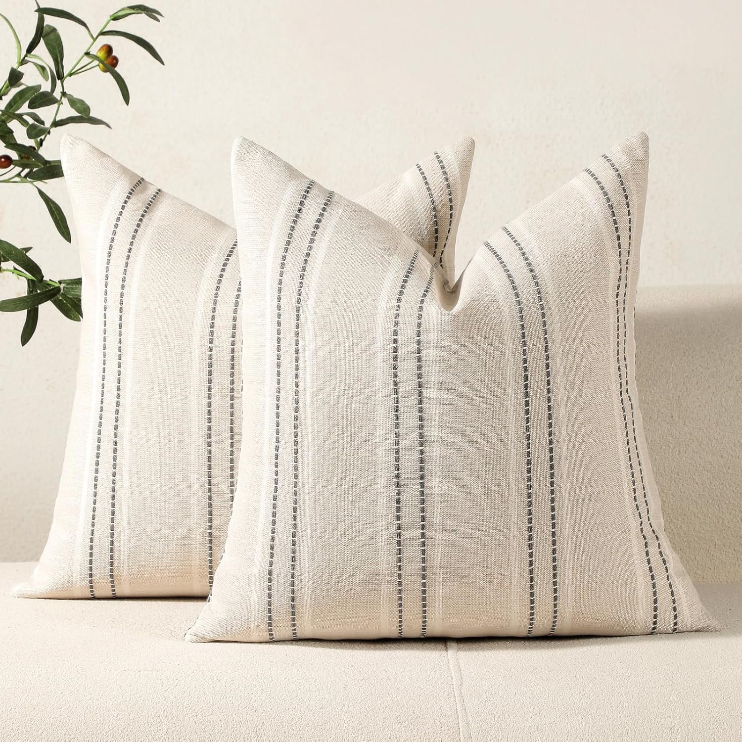 Throw Pillow Covers 20x20 Set of 2 Striped Pillow Covers Textured Linen Decorative Pillows Square Cushion Covers for Sofa Couch Bed Living Room Farmhouse
