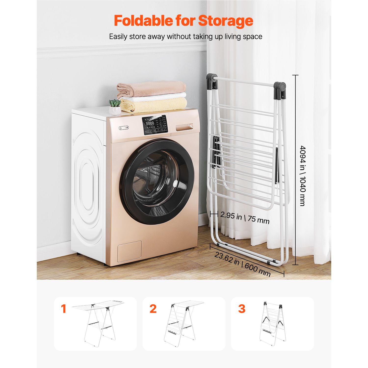 2-Tier Foldable Clothes Drying Rack with Sock Clips & 21 Drying Rods White — image 6