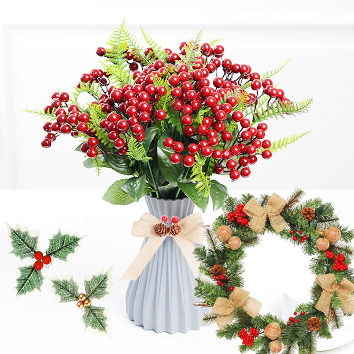 300PCS Artificial Holly Berries, Mini 10 mm Fake Berries Decor on Wire for Christmas Tree Decorations Flower Wreath DIY Craft(Red) — image 4