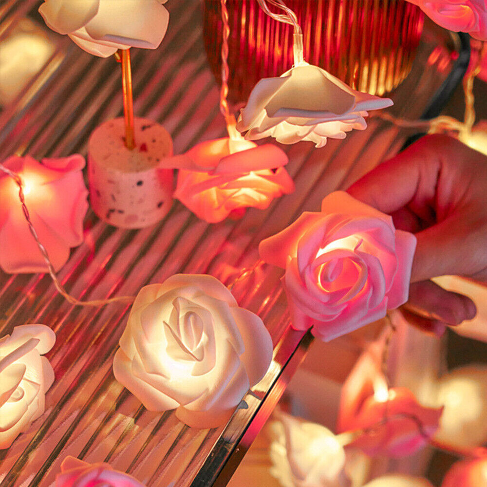 50 Pink n White Rose 3D Fairy Lights 5M LONG String, Battery (AA) Indoor & Outdoor Decorations Wedding Valentines Romantic Room Table Lighting โ image 6