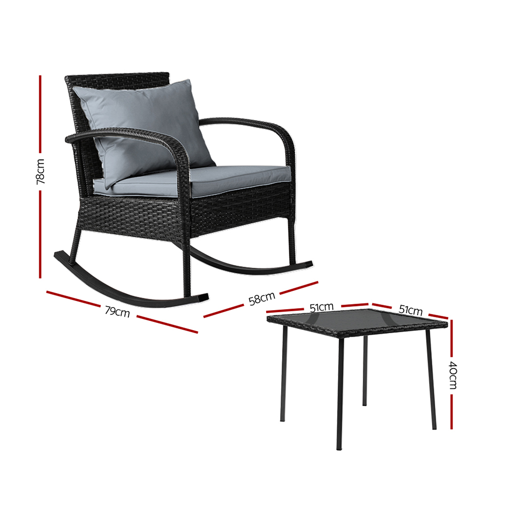 Gardeon 3PC Rocking Chair Table Wicker Outdoor Furniture Patio Bistro Set Black โ image 2
