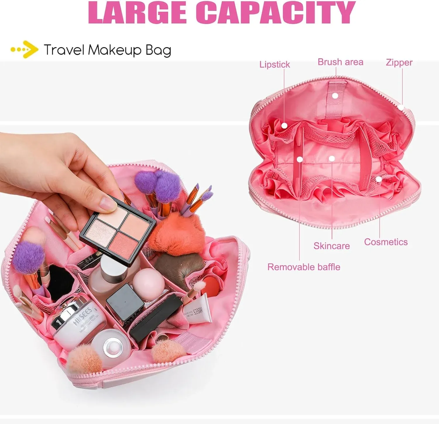 Travel Makeup Bag, Foldable Waterproof Toiletry Organizer for Skincare Cosmetics, Pink 7.8 In — image 3