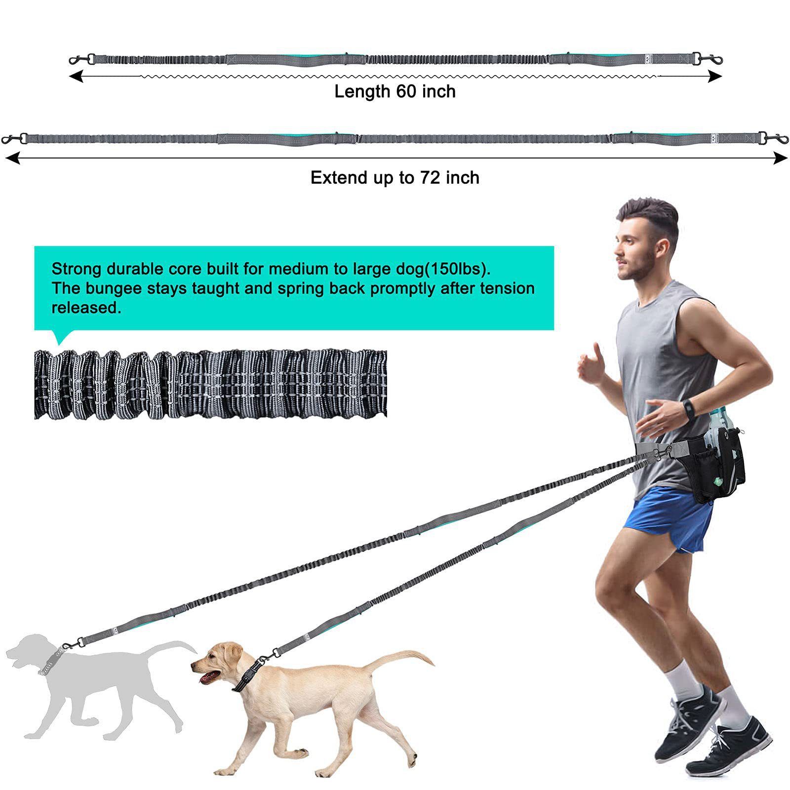 Hands Free Dog Leash Running Belt with Adjustable Bungee Lead(Mint green), Multi Pocket Outdoor Waist Bag and Free Roll of 15 Poop Bags for Walking, Jogging — image 3