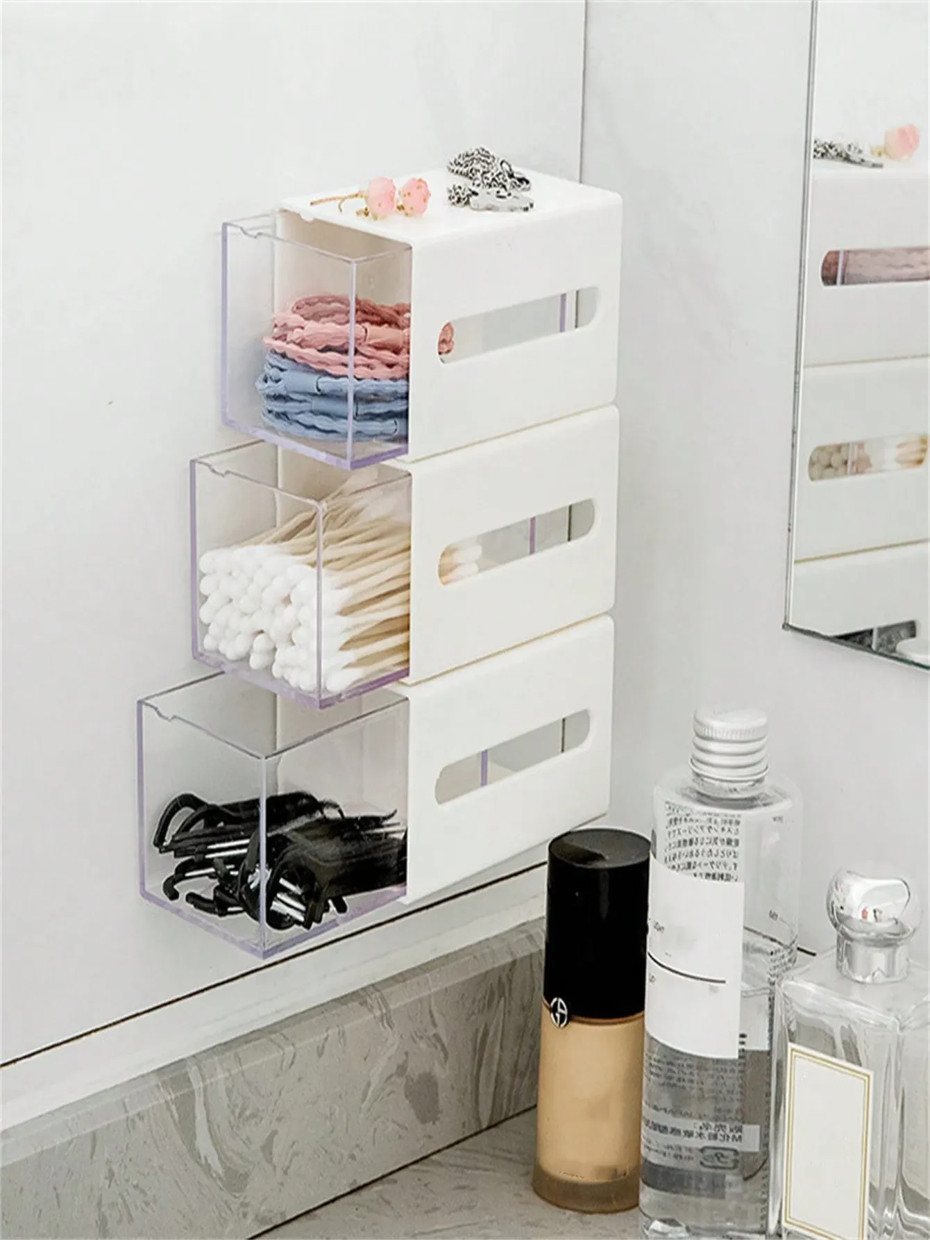 4Pc White Wall Mounted Swab Storage Box Transparent Clear Drawer Organizer For Bathroom Hair Accessories and Jewelries — image 2