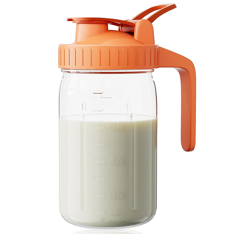 Orange Glass Mason Jar Pitcher 32oz with Flip Lid Pour Spout Milk Jug Leak-Proof Airtight Seal Wide Mouth Beverage Container Cold Brew Coffee Iced Tea Juice