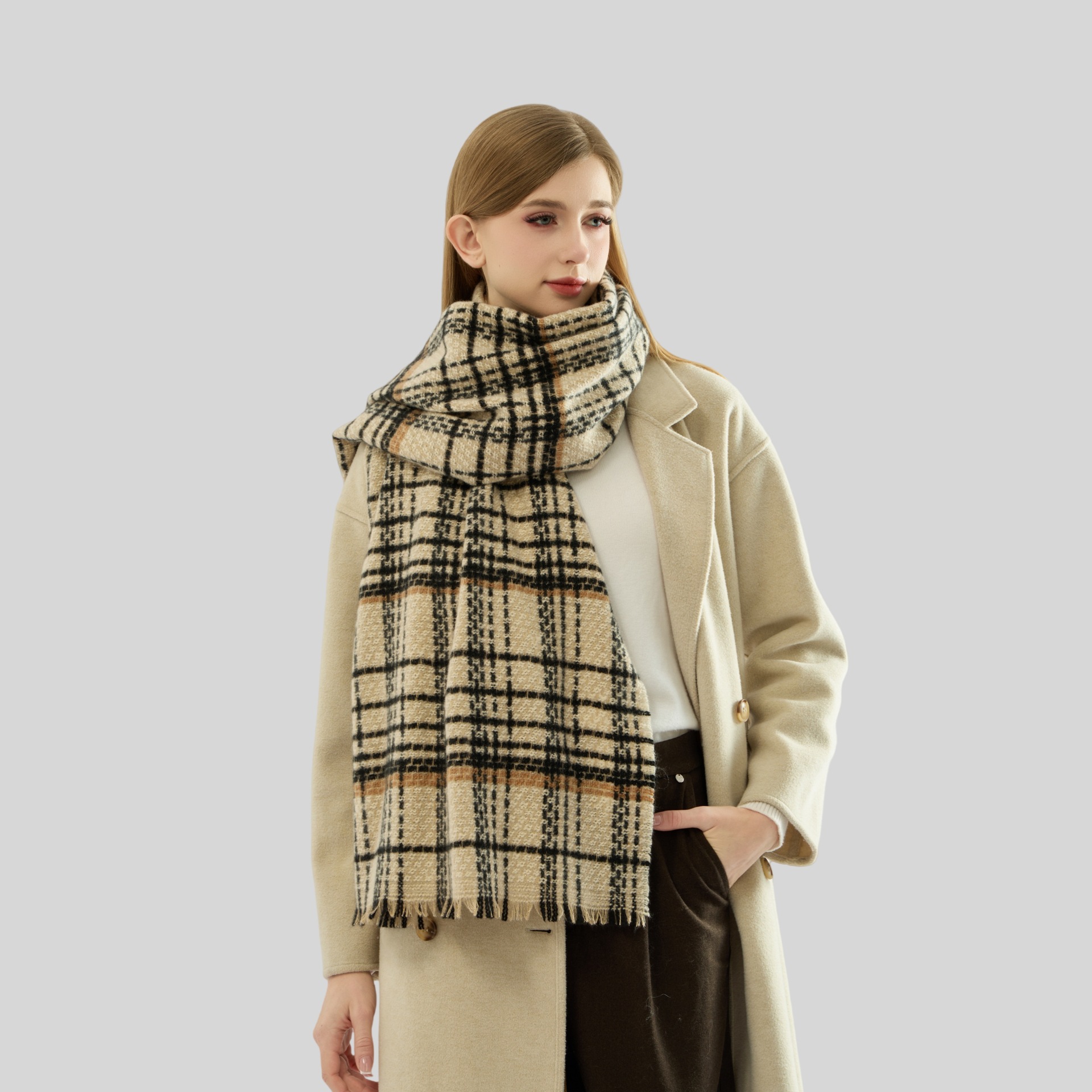 Red Chic Plaid Winter Scarf - Large Soft Polyester Shawl Wrap with Tassels, Korean Inspired Fashion — image 3