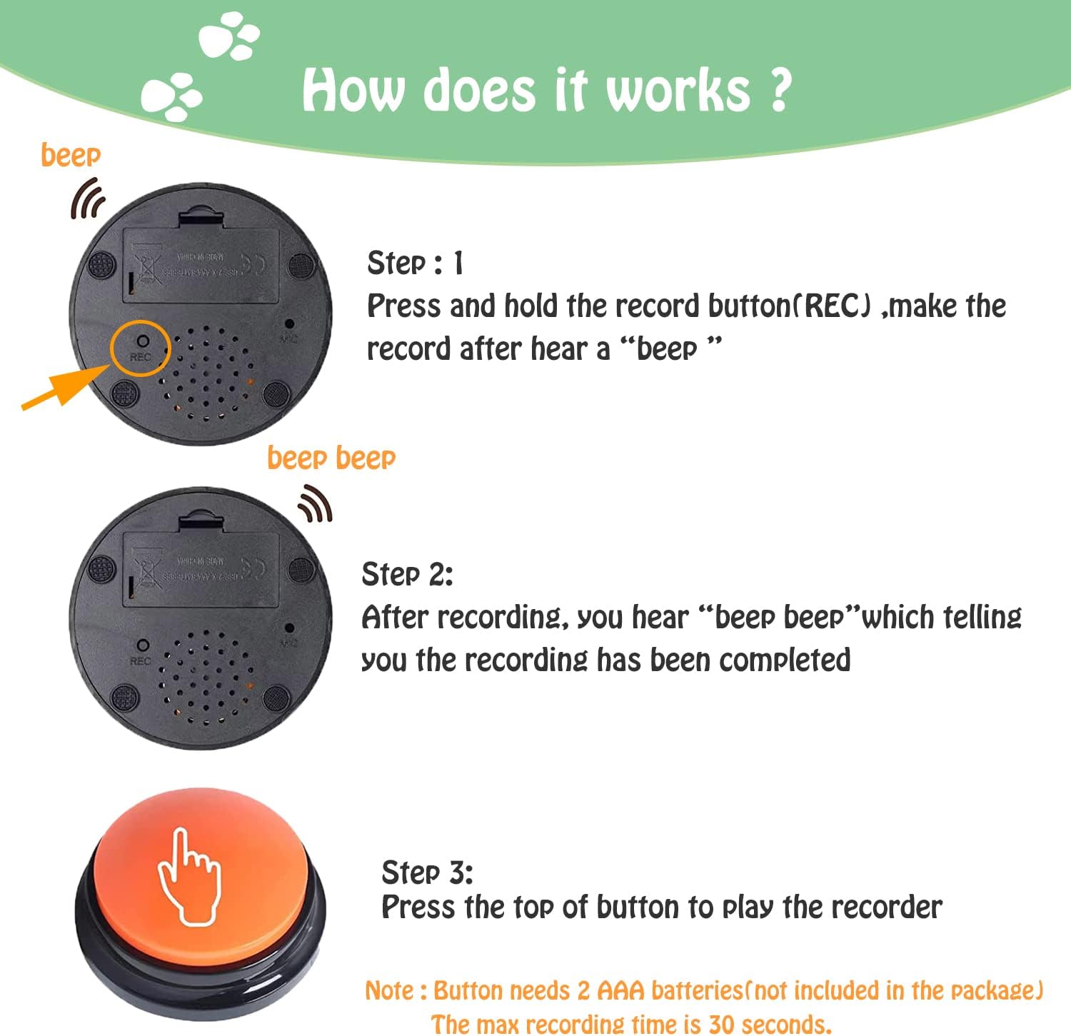 Voice Recording Button for Communication Pet Training Buzzer,30 Second Record&Playback Dog Toy,Voice Recording Clicker for Cat,Puppy,Pet Trainin,Funny Gift for — image 2