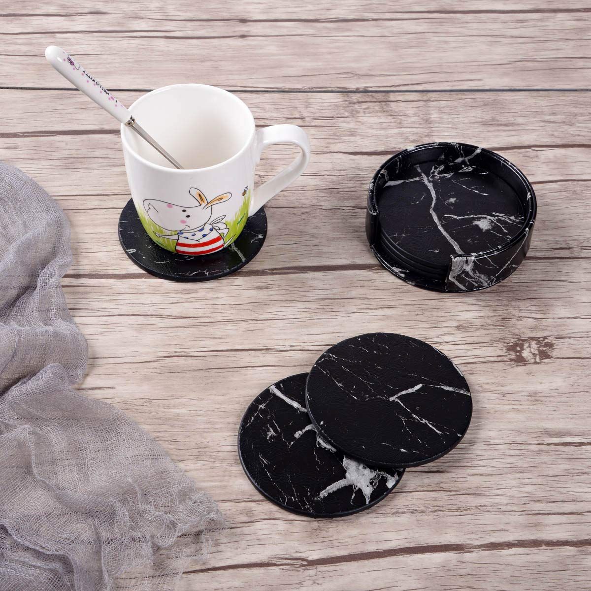 Coasters for Drinks, 6 PCS Premium PU Leather Drink Coasters with Holder, Heat Resistant Round Cup Mat Pad - Protect Table from — image 4