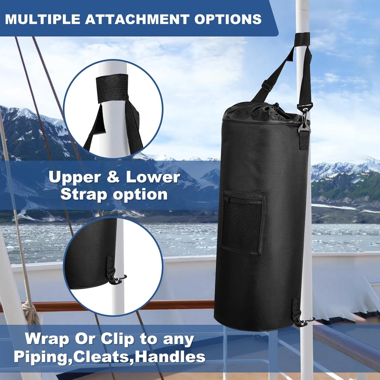 13 Gallon (49L) Waterproof Marine Trash Bag Holder with 6 Clips and Pocket, Reusable Waste Bin for Boat, Fishing, Sandbars & Camping, Black — image 5