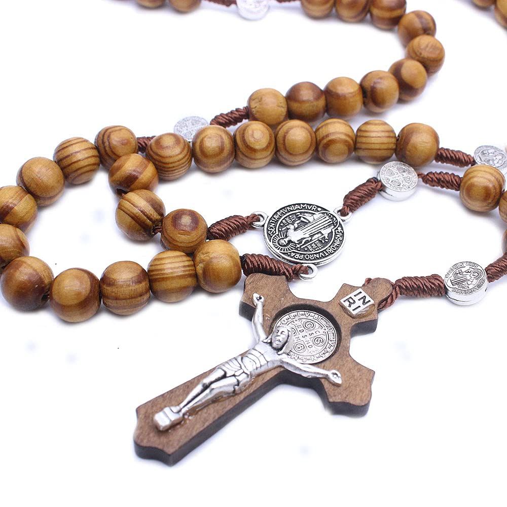 Wood Beads Rosary Necklace Saint Medal & Catholic Cross Religious Prayer Chaplet String Handmade, brown — image 5
