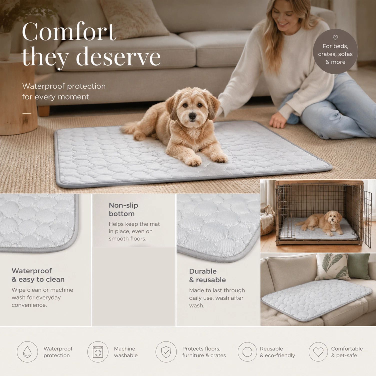 2pcs Grey Ice Silk Pet Pad, Size L (70 × 55cm)