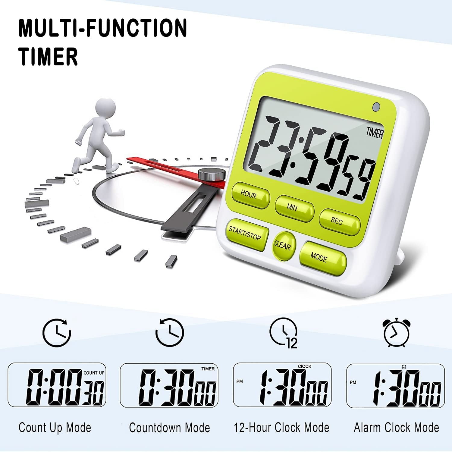 Digital Countdown Kitchen Timer -Count Up Down Magnetic Timer Clock for Cooking Baking Gym Students Green — image 5