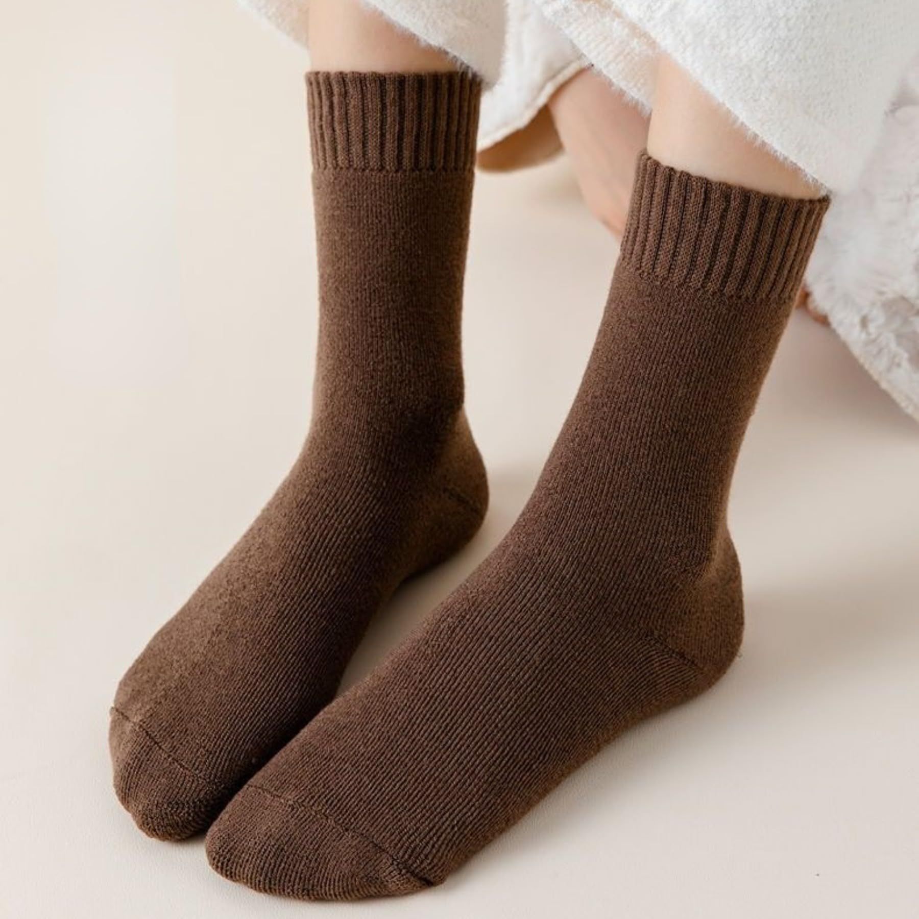5 Pairs oatmeal colore Thermal Mid-Calf Socks - Thick Fleece Lined Winter Socks, Heat Retention Cotton Socks for Men & Women, Cold Weather Cozy Wear — image 2