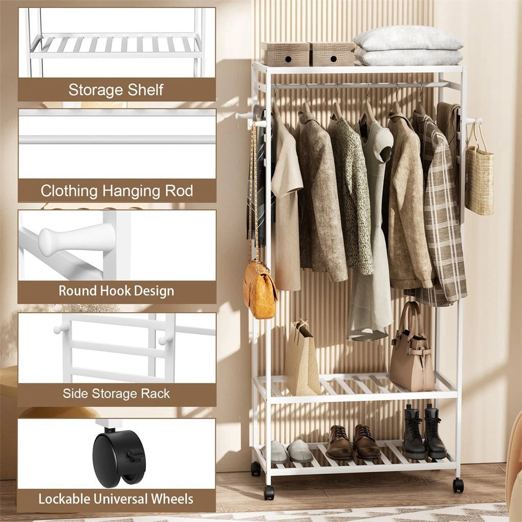 XXL Bamboo Clothes Rail Coat Rack with Wheels, Wooden Open Wardrobe Garment Organizer with Hanging Rod, Shelves and Hooks, White Freestanding Clothes Stand — image 4