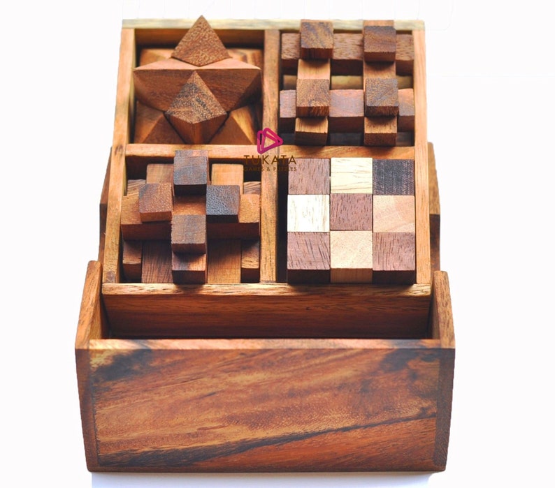 4 individual brainteaser wooden puzzles in a gift wooden box โ image 2