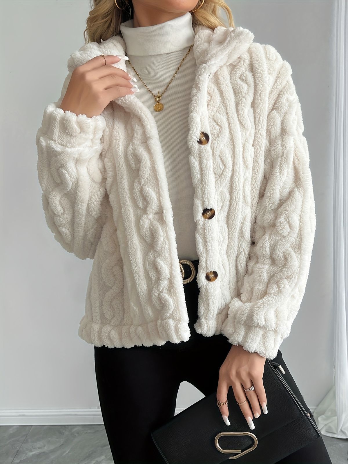 Double-Sided Fleece Coat Turn-Down Collar Button Coat Women'S Winter Outerwear - Black - Size XS(AU XS/EU44) — image 2