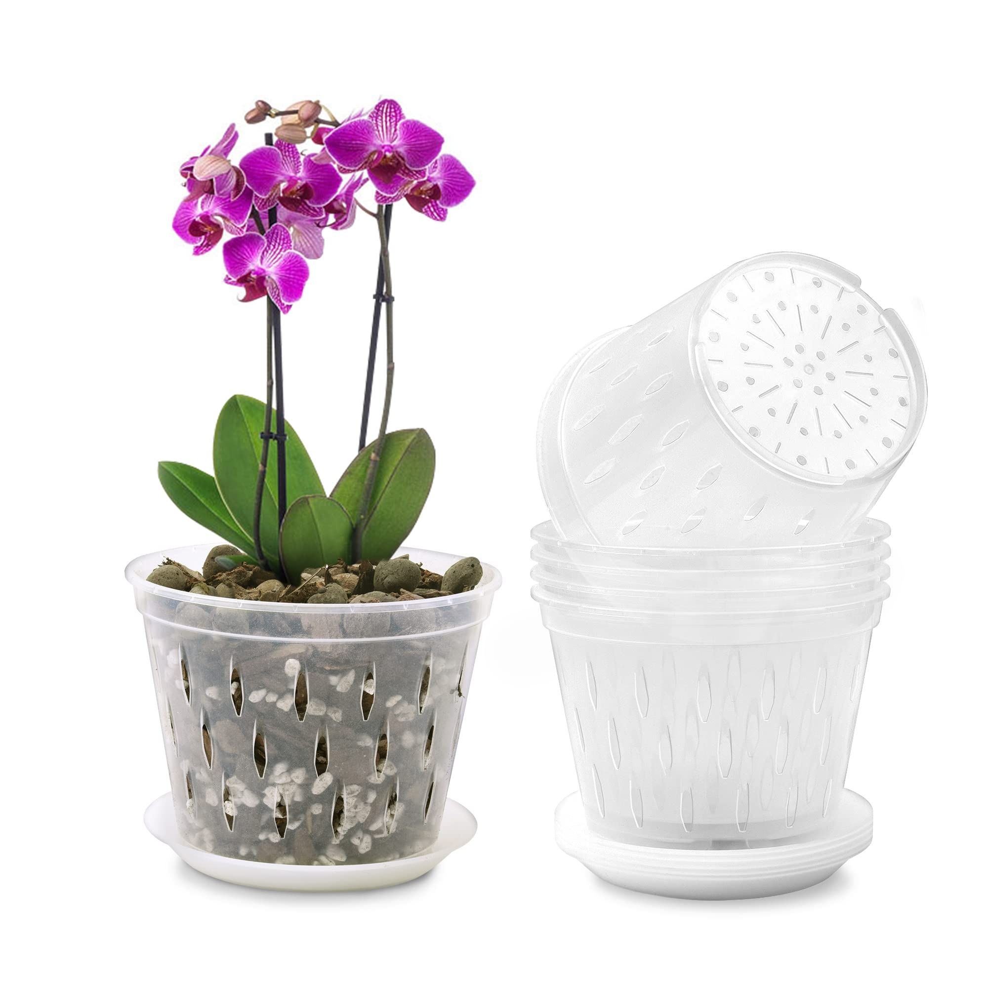 Orchid Pot, 5 Inch 6 Pack Orchid Pots with Holes and Saucers, Clear Plastic Orchid Pots Ultra Cost-effective Orchid Pot Kit