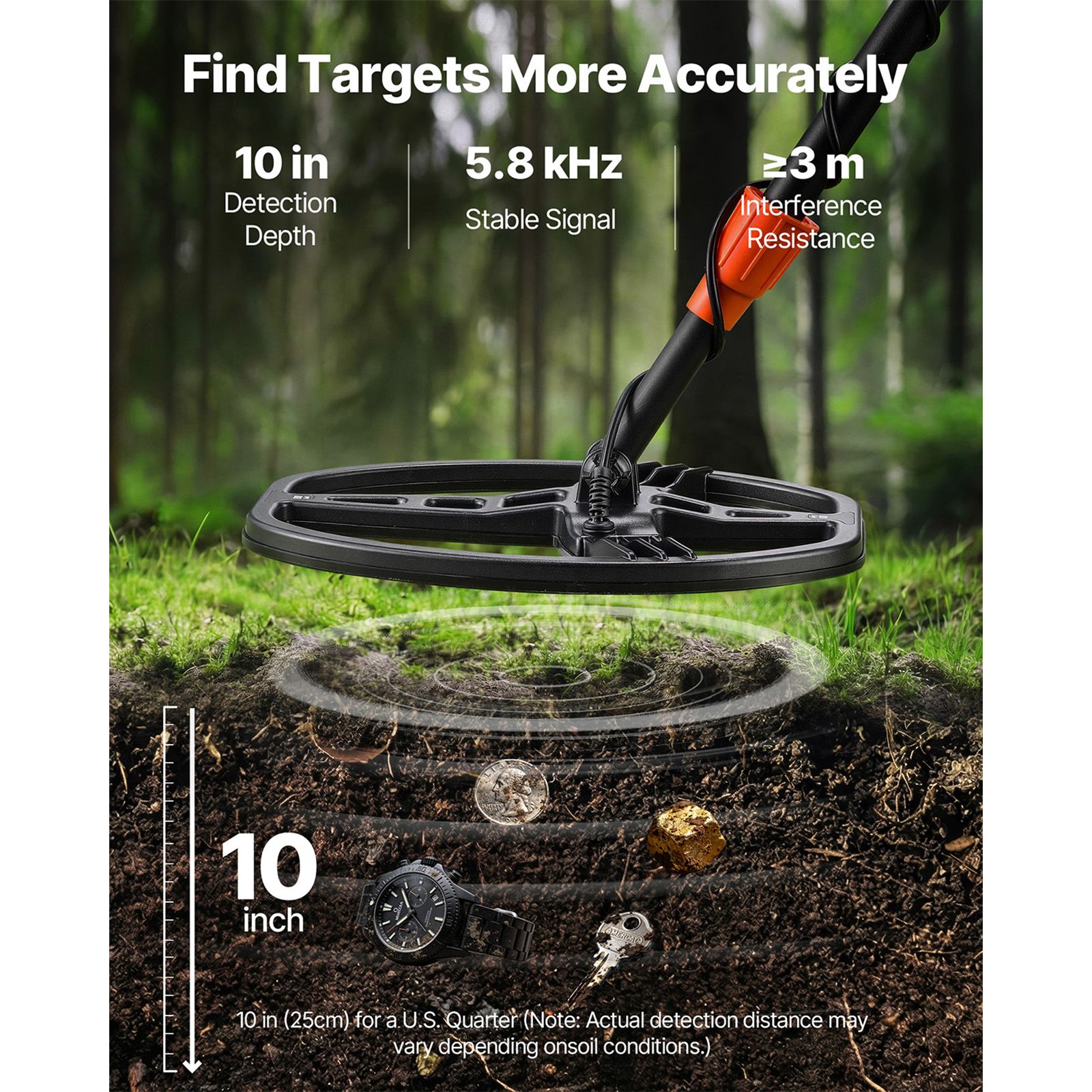 Metal Detector for Adults, 254 mm, Professional High Accuracy Gold Detector, IP68 Waterproof Search Coil with Display, Headphones, 5 Modes, Adjustable Length — image 2