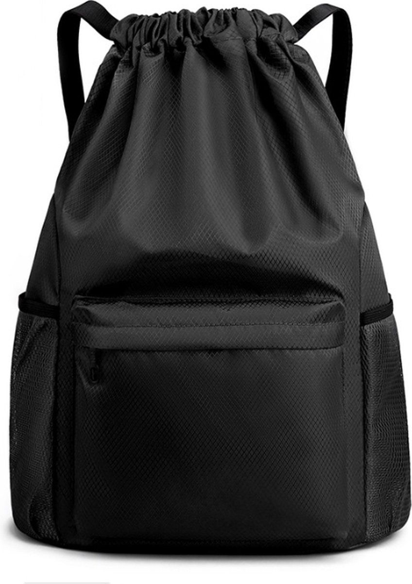 Drawstring Gym Backpack, Water Resistant Sports Bag With Wet Dry Compartment And Multiple Pockets, For Men And Women Travel Swim Yoga, Black, 18.5 in