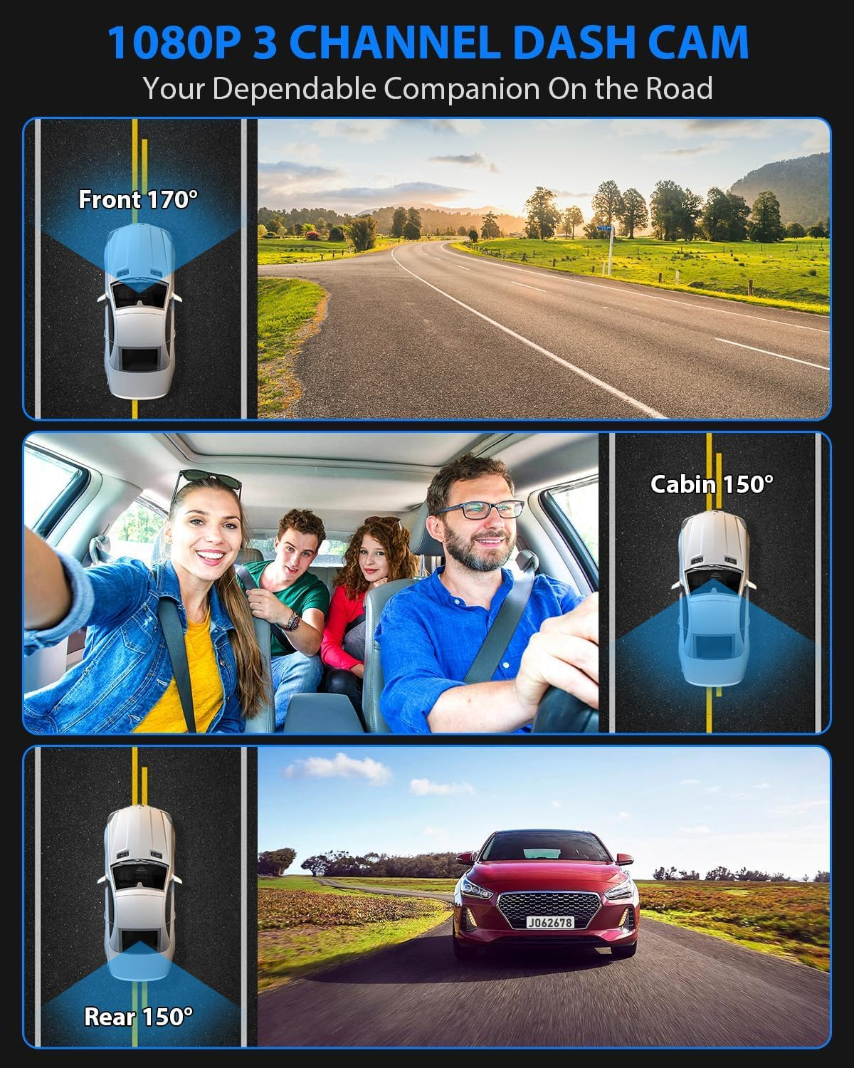 Three-camera dash cam C309, equipped with dual front cameras, an interior camera and a reversing camera - a dash cam for cars. Supports WIFI, loop recording โ image 5