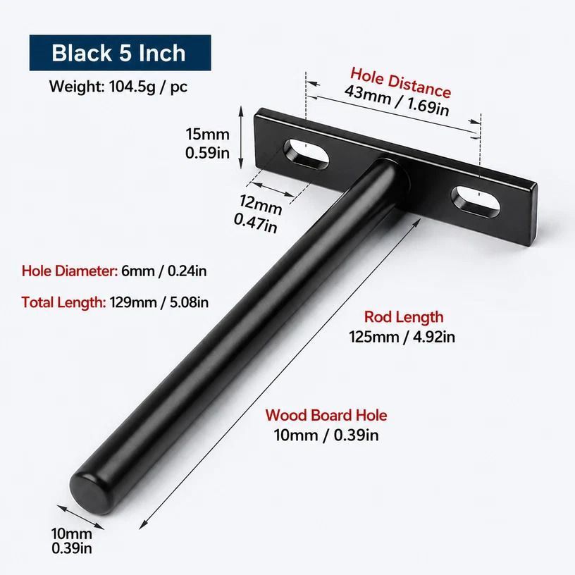 5" Black Hidden T Shelf Bracket 2Pcs w/ 5x60&5x80 Screws — image 2